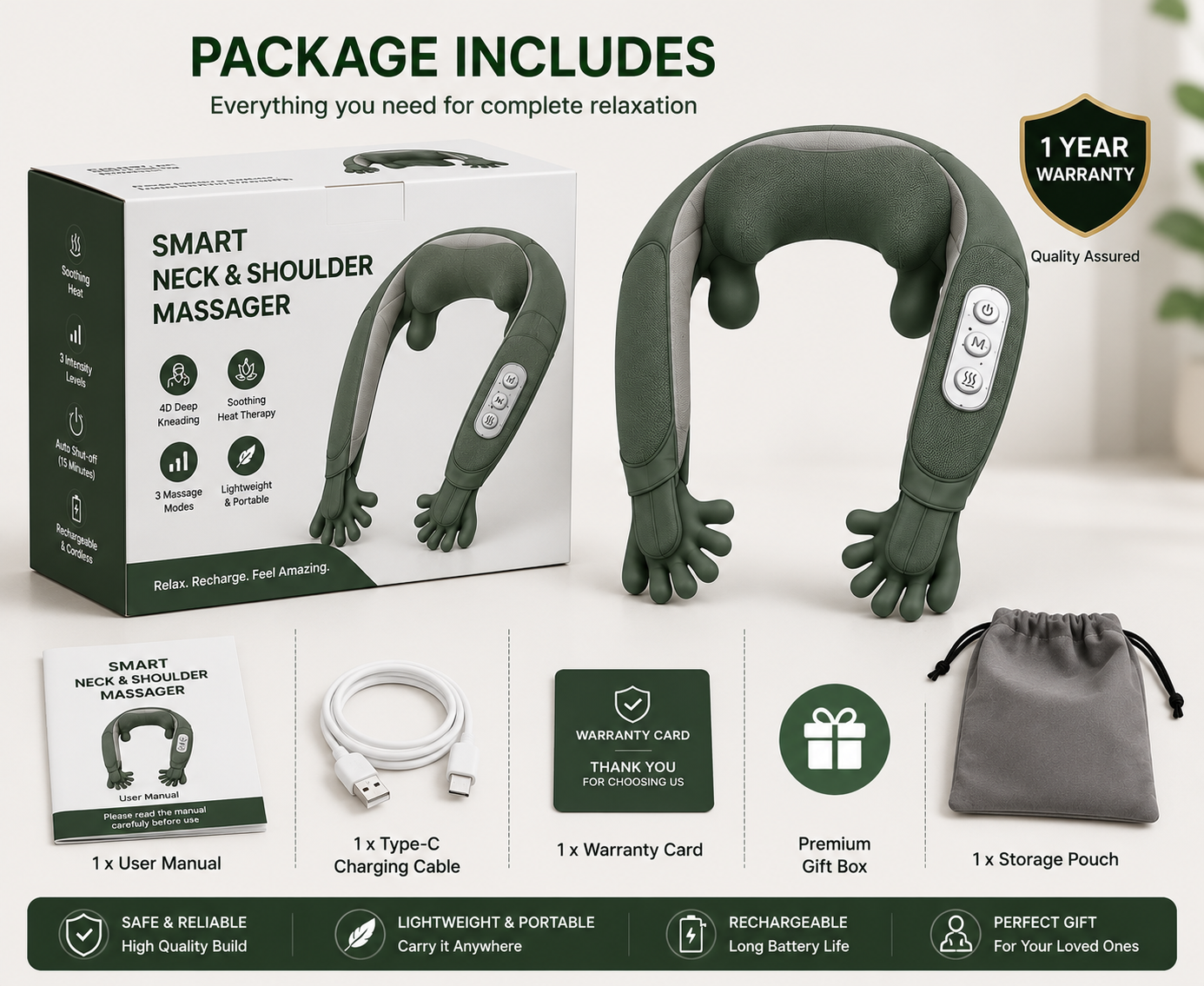 Smart Heat Therapy Neck & Shoulder Massager | Deep Tissue Pain Relief | USB Rechargeable